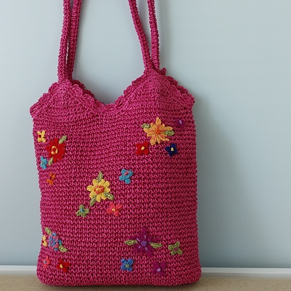 NEW Hot Pink Straw Bag Tote Lined Purse Inside Zip St. Johns Bay Embroidered - Picture 2 of 8